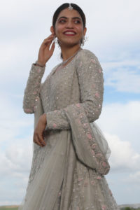 Nirmal CreationPastel Grey Floral Jaal Handwork Bridal Gowns Pastel Grey Floral Jaal Handwork Gown