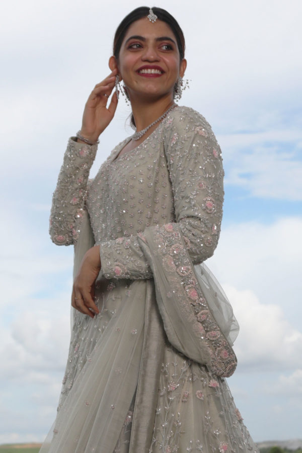 Nirmal CreationPastel Grey Floral Jaal Handwork Bridal Gowns Pastel Grey Floral Jaal Handwork Gown