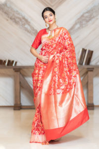 Red Banarasi Saree With Red Blouse Piece