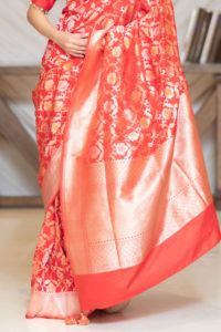 Red Banarasi Saree With Red Blouse Piece