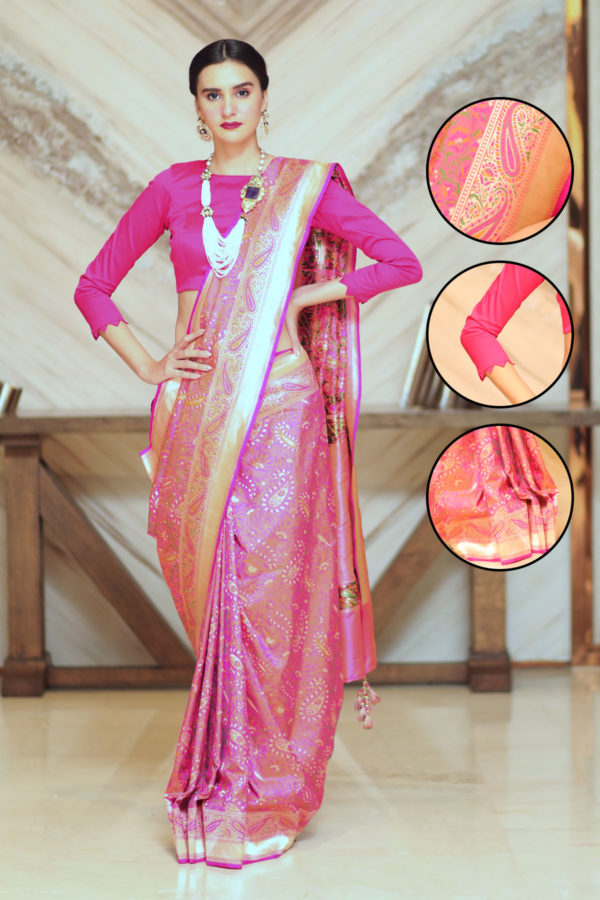 Rani Pink Banarasi Saree And Blouse Piece