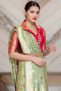Pista Green And Rani Pink Saree With Blouse Piece