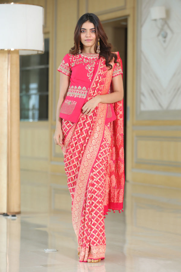 Red Bandhej Saree and Jacket Styled Blouse
