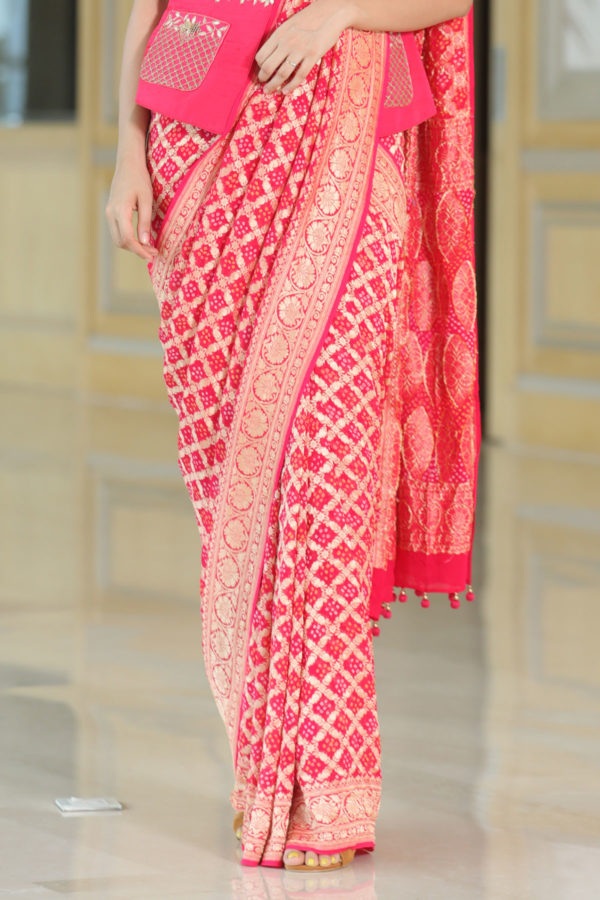 Red Bandhej Saree and Jacket Styled Blouse