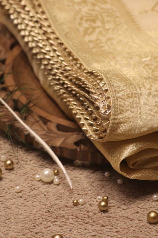 Off-white Gold Georgette Khaddi Saree,nirmal creations,Gold saree