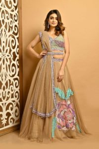 Elixir Brown Net Lehenga With Patch Embroidery, INDO-WESTERN DRESSES COLLECTION 2022