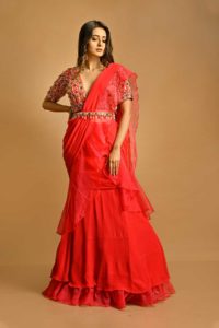 Nirmal Creations "Rouge" Red Georgette Drape Saree With Heavy Blouse, INDO-WESTERN DRESSES COLLECTION 2022