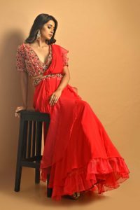 Nirmal Creations "Rouge" Red Georgette Drape Saree With Heavy Blouse