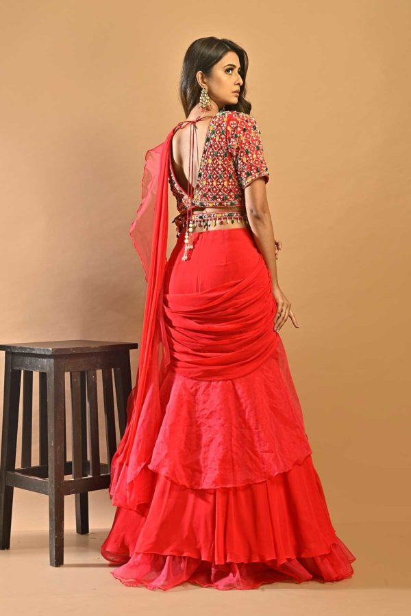 Nirmal Creations "Rouge" Red Georgette Drape Saree With Heavy Blouse
