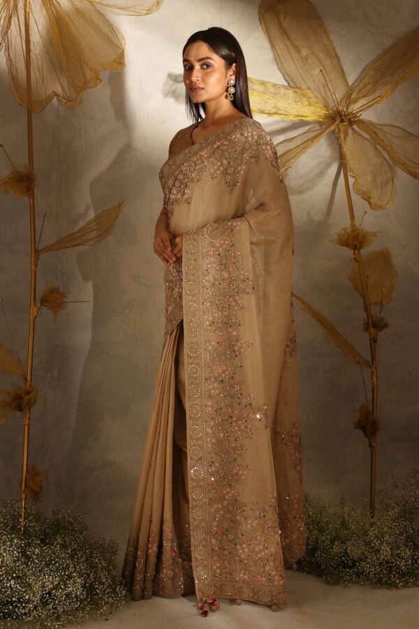 Gold Tissue Hand Embroidered Saree With Blouse