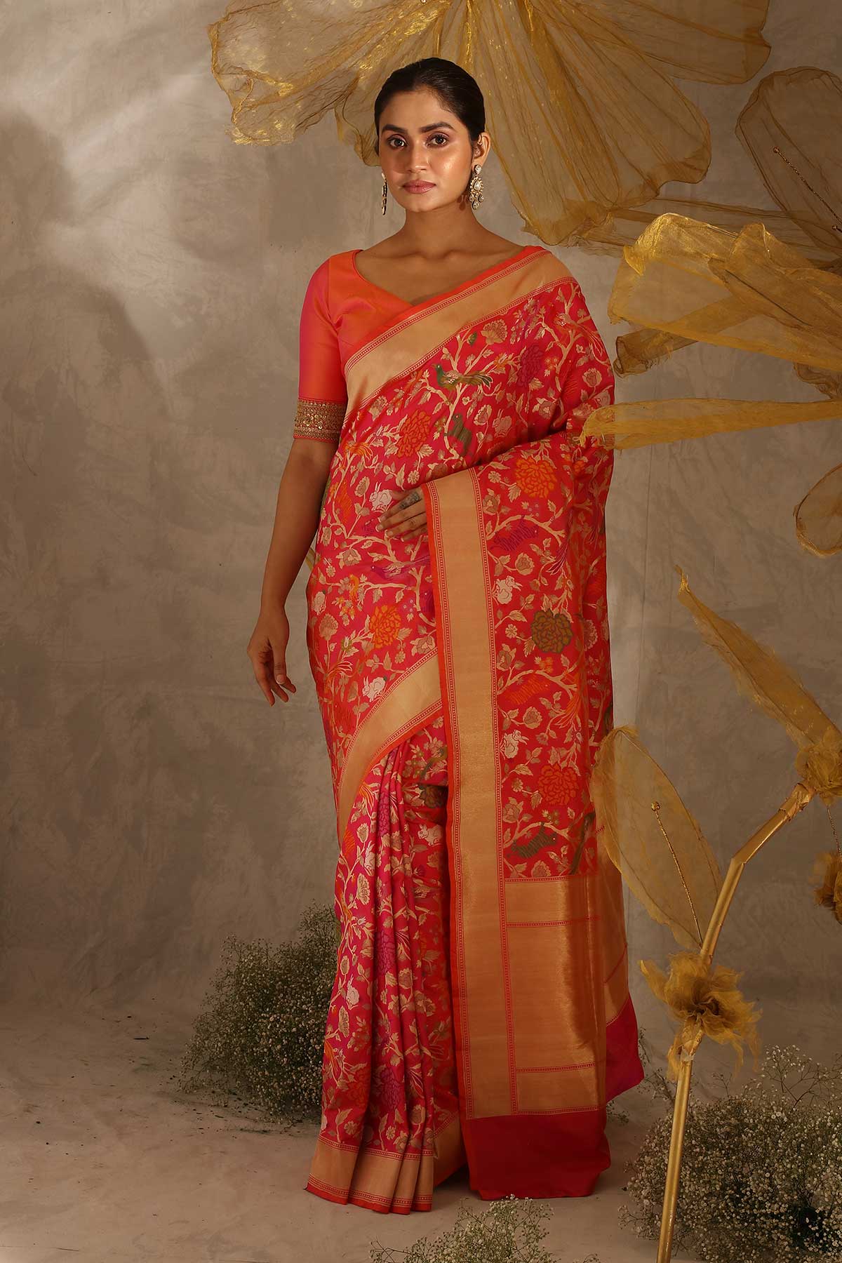 Shop Stunning Red Tussar Silk Saree Online in USA |Golden Zari Border –  Pure Elegance